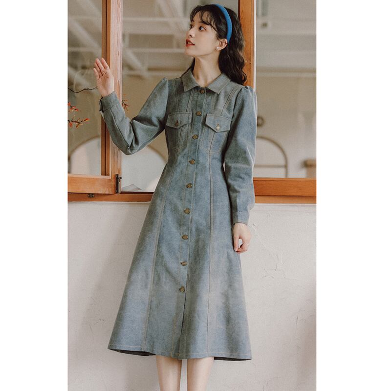 [YUJIAN Series] ★Dress★ Denim dress Retro Easy to match Date Improves temperament Commuting Blue Blue