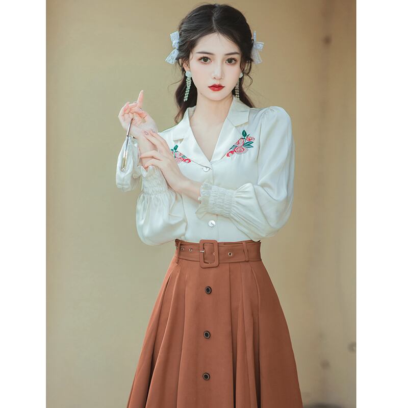 [XUANZI Series]★Shirt★ Long sleeve shirt, embroidered shirt, ladies, date, photography, literary style, V-neck