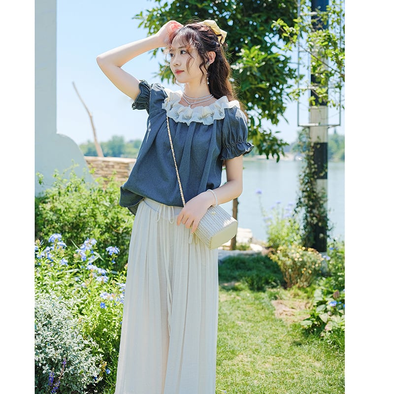 [White Sake Series] ★ Gaucho Pants ★ Bottoms Elastic Waist Plain Ladies Date Improves Temperament Simple