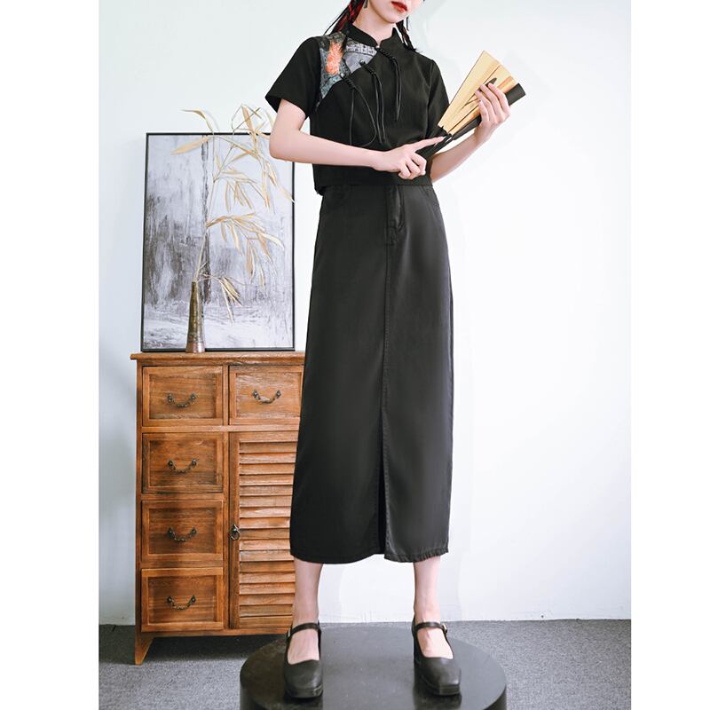 [Kokaisha---Kyouka Suigetsu Series]★China style skirt★Bottoms Black Black Plain Easy to match