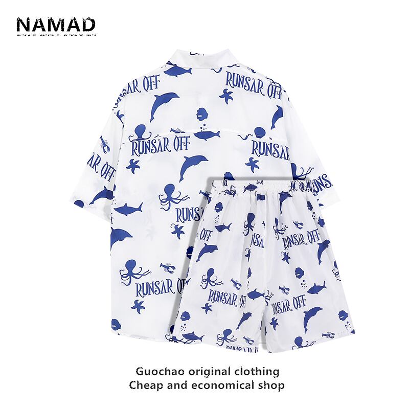 [NAMAD Series]★Setup★ 2-piece set Hawaii Aloha shirt Shirt + shorts Unisex Men's Cartoon White