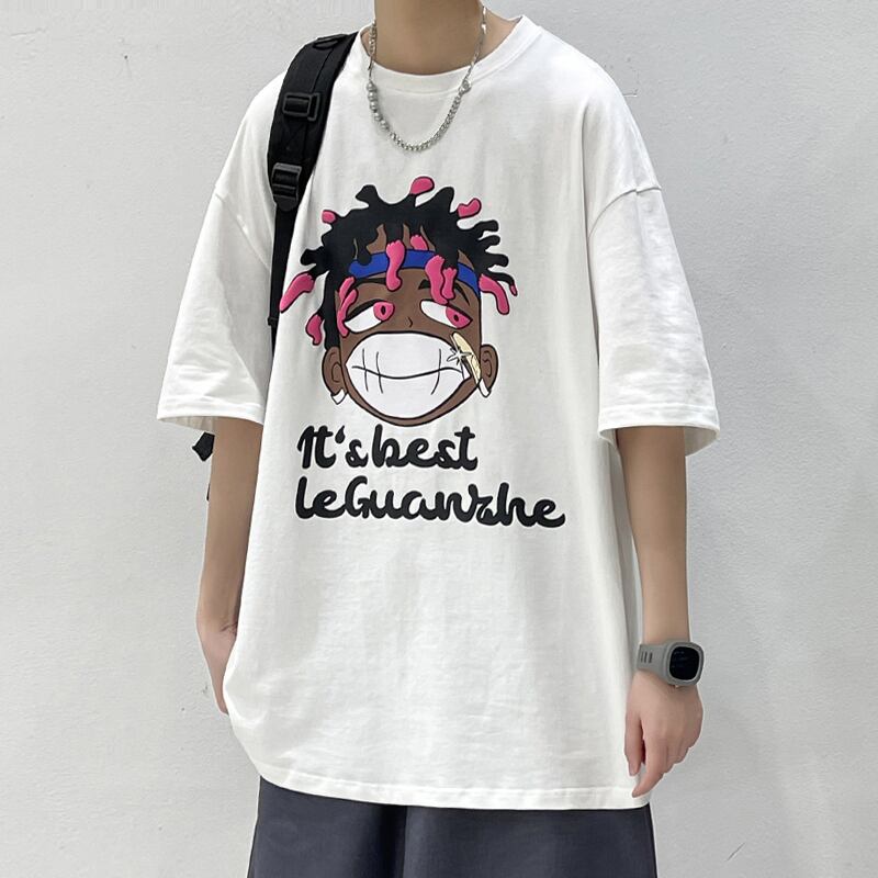 [BIGEMAN Series]★T-shirt★ Tops 2color Unisex Men's Large Size White Black Summer Cartoon