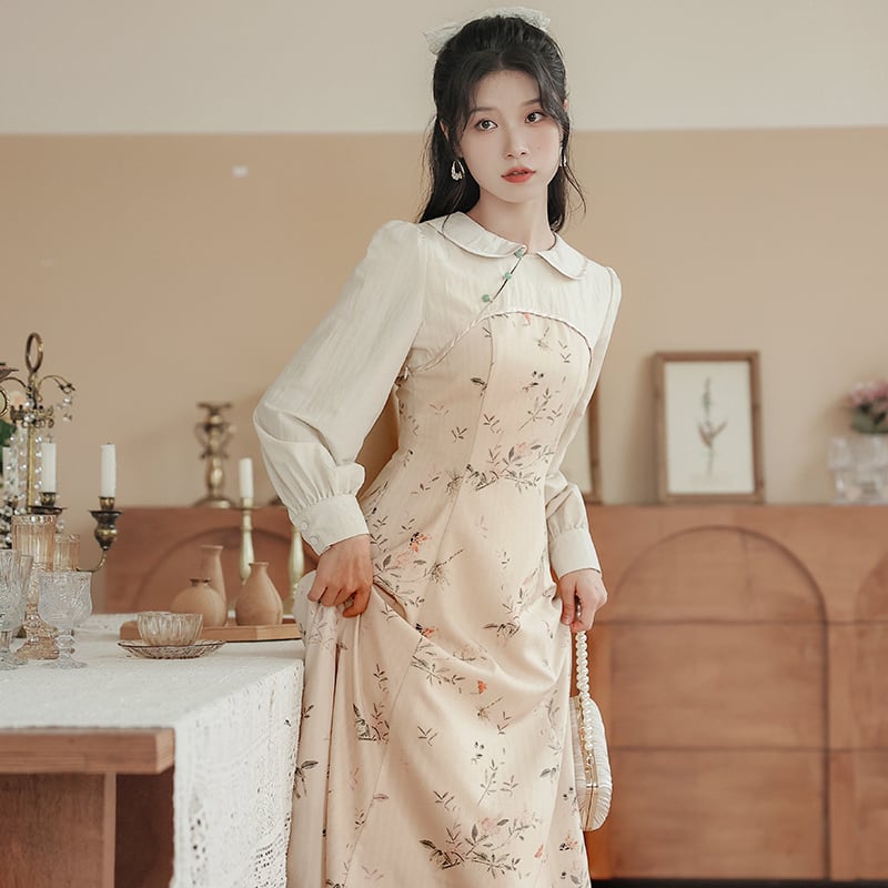 [Encounter series] ★China style dress★ Improved cheongsam dress, floral pattern, date, ethnic style, improves temperament SML