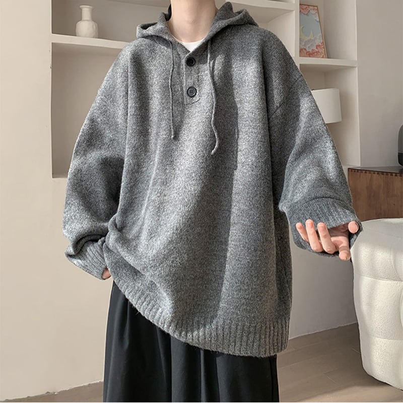 [KADISHOU Series] ★Sweater★ 3color Knit Parka Tops Unisex Men's Black Gray Coffee Color