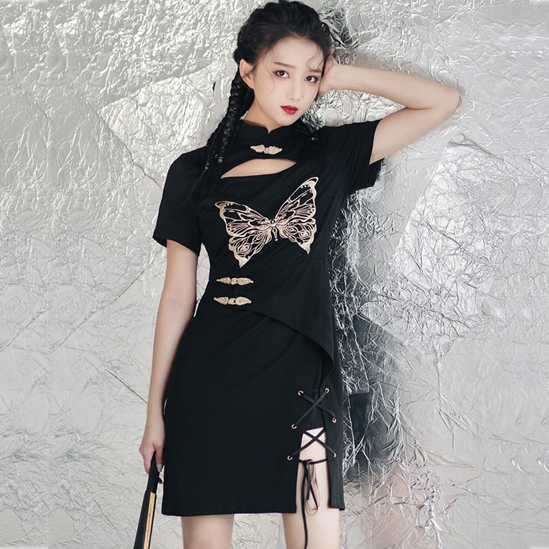 [Kyoto Series]★China-style dress★ Embroidery Improved Chinese dress Butterfly Black Black Slimming