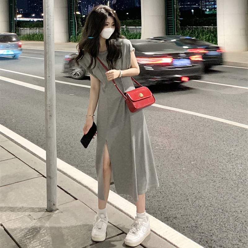 [SHIBAYUE Series] ★One Piece ★ Short Sleeve Women's Fashion Cute Slit Improves Temperament Gray Gray