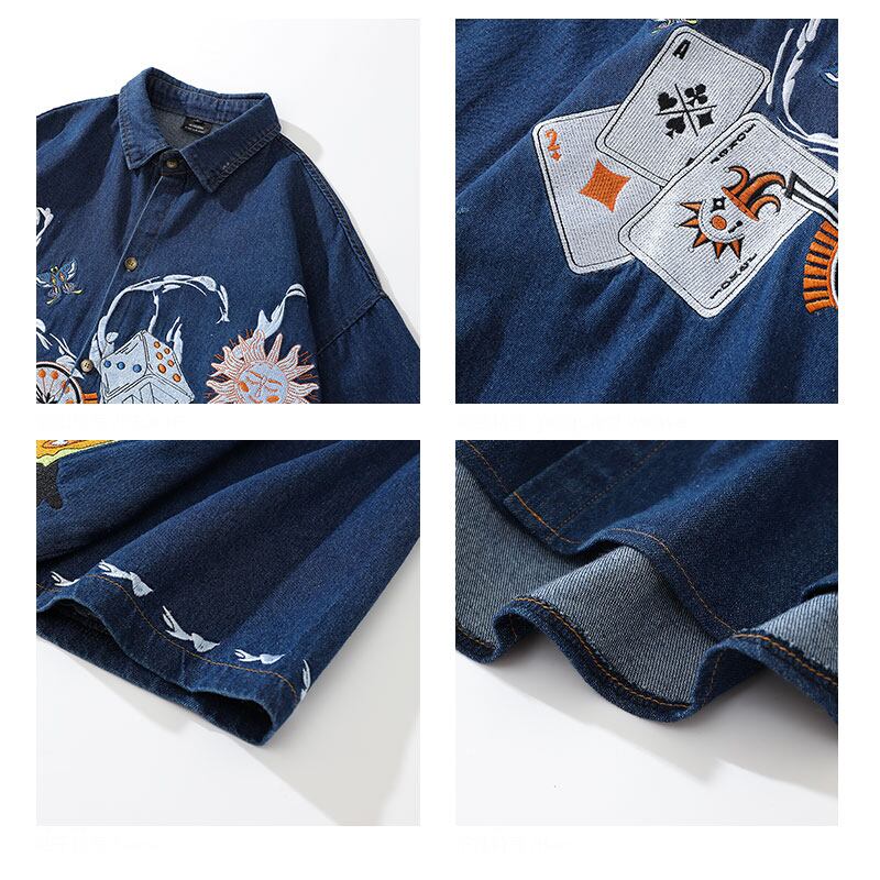 [XIAOGUWAN Series]★Shirt★ Tops 2color Embroidery Unisex Men's Playing Cards Funny Black Blue