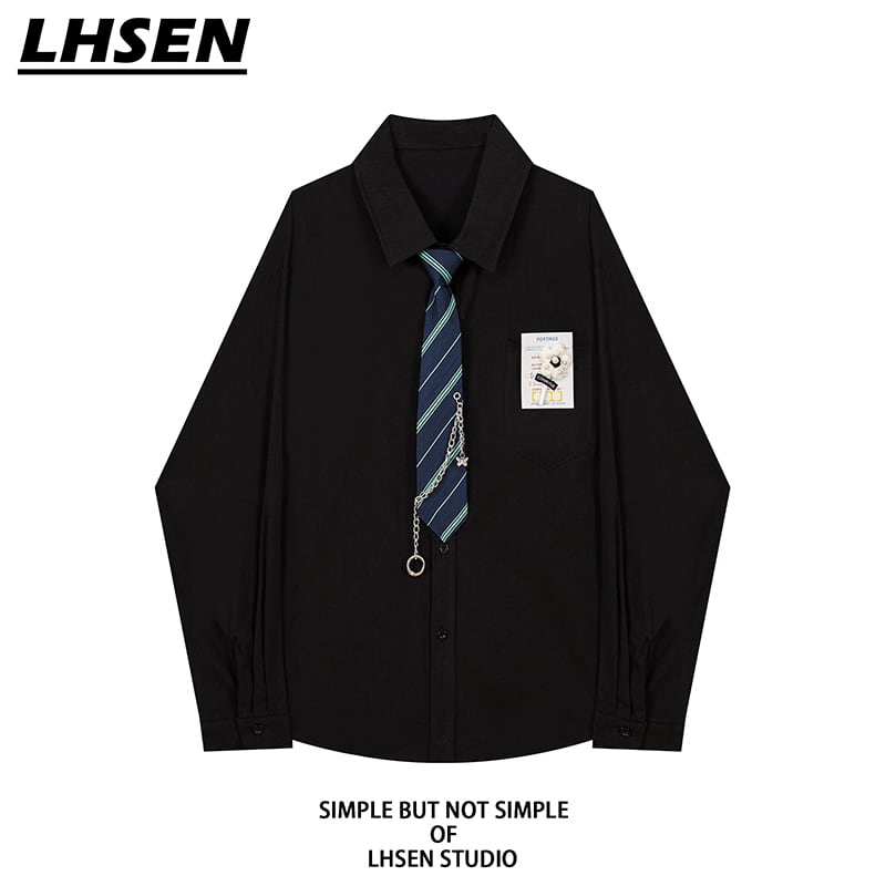 [MOISHE TIDE Series]★Shirt with tie★ 2color tops, long sleeve shirt, easy to match, unisex, men's, white, black