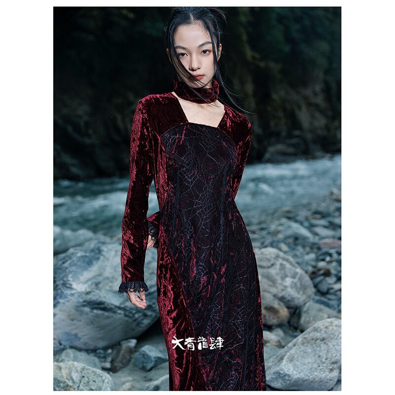 [Daiseiryusu Series] ★China style dress★ Long length velvet wine red red original retro