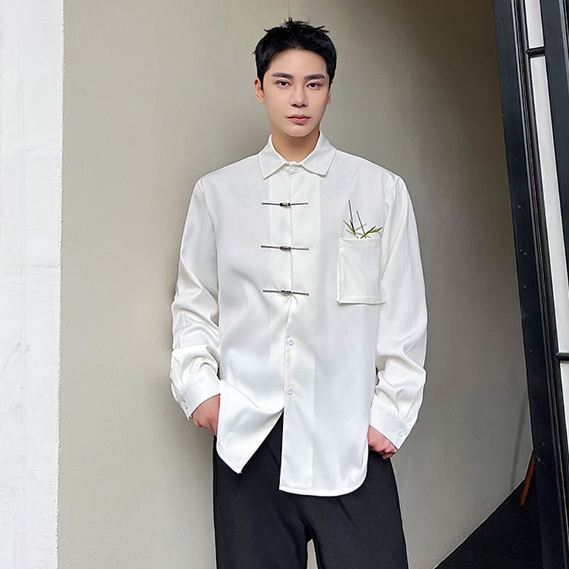 [Illustrated Series] ★Chinese style shirt★ Bamboo Bamboo pattern tops Long sleeve shirt Unisex Men's Chinese clothing Chinese clothing White White