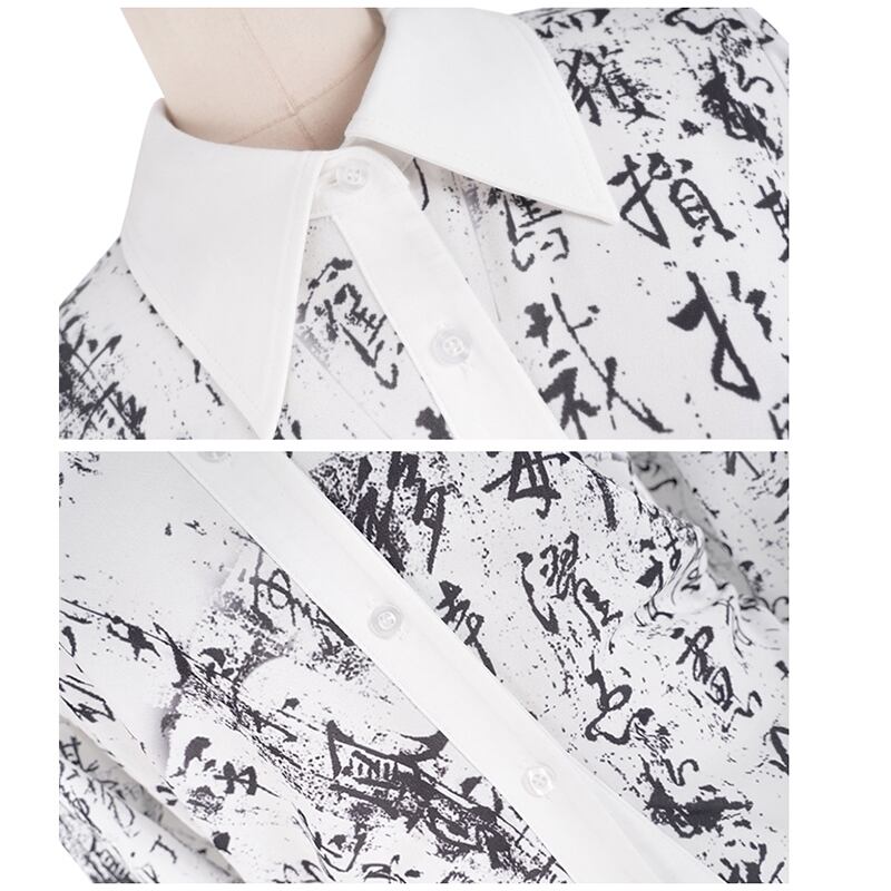 [Da Qinglong Shu Series] ★Chinese Style Shirt★ Tops Letter Pattern Long Sleeve Shirt Chinese Clothes Original White White