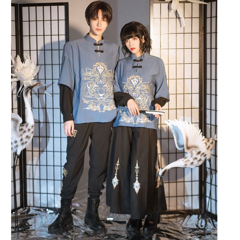 [Kyodo Series] ★China style tops★ Embroidered unisex costume couple clothes men's blue black large size