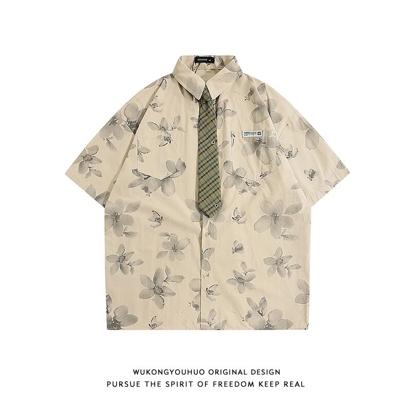 [HTTAOSUP Series]★Shirt with tie★ 3color tops, short sleeve shirt, floral pattern shirt, unisex, men's brown, green, beige