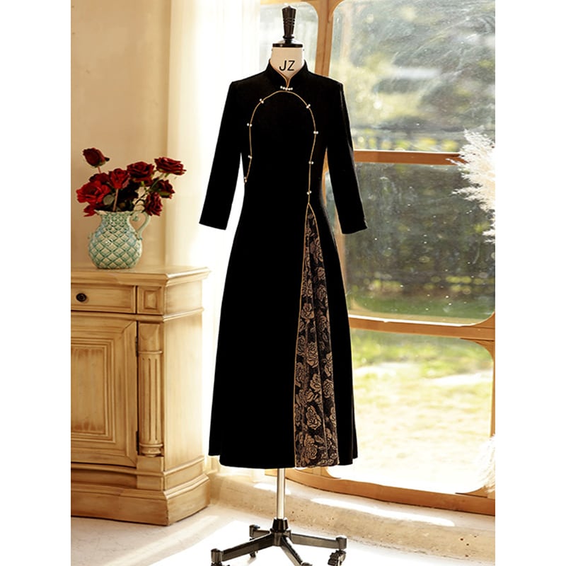 [ZHEZI Series]★China Dress★ 2color Velvet Dress Large Size Long Length Black Red