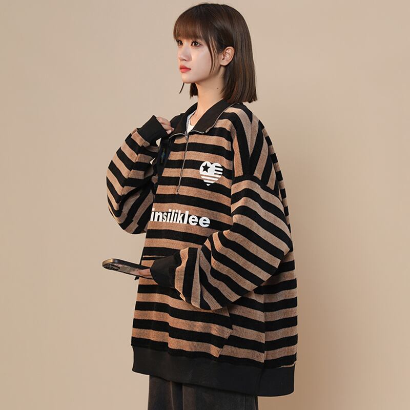 [Fujiiman Series]★Tops★ POLO neck unisex men's horizontal stripes striped pattern dark brown color scheme ML XL 2XL