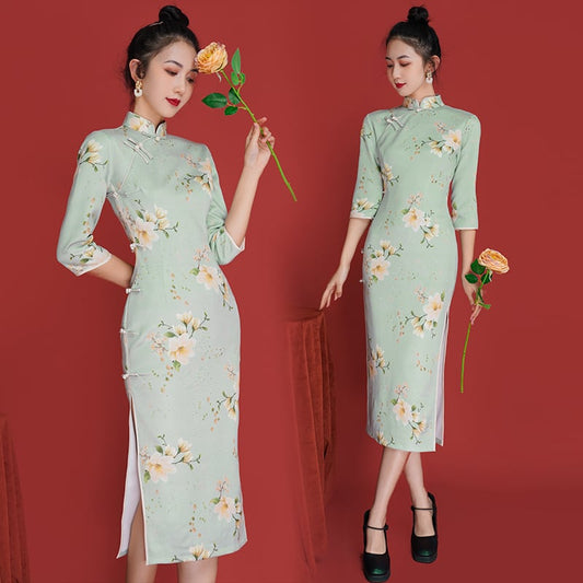 [Agoya Yui Series]★Cheongsam dress★ Floral pattern dress Green Fresh literary style Long length