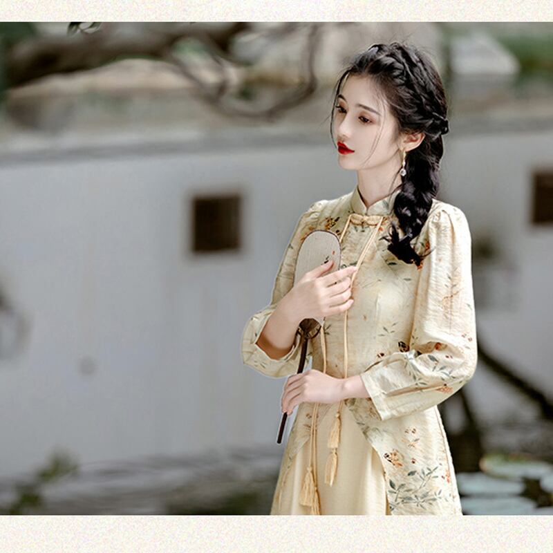 [Az Suna Series] ★Chinese style dress★ Chinese dress print switching SML XL Retro SML XL