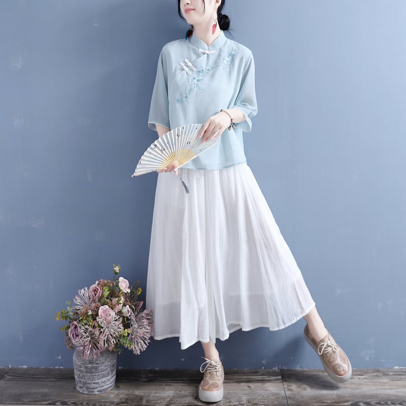 [Qing series]★China style tops★ 3color three-quarter sleeve color scheme blue white pink blue white retro literary style