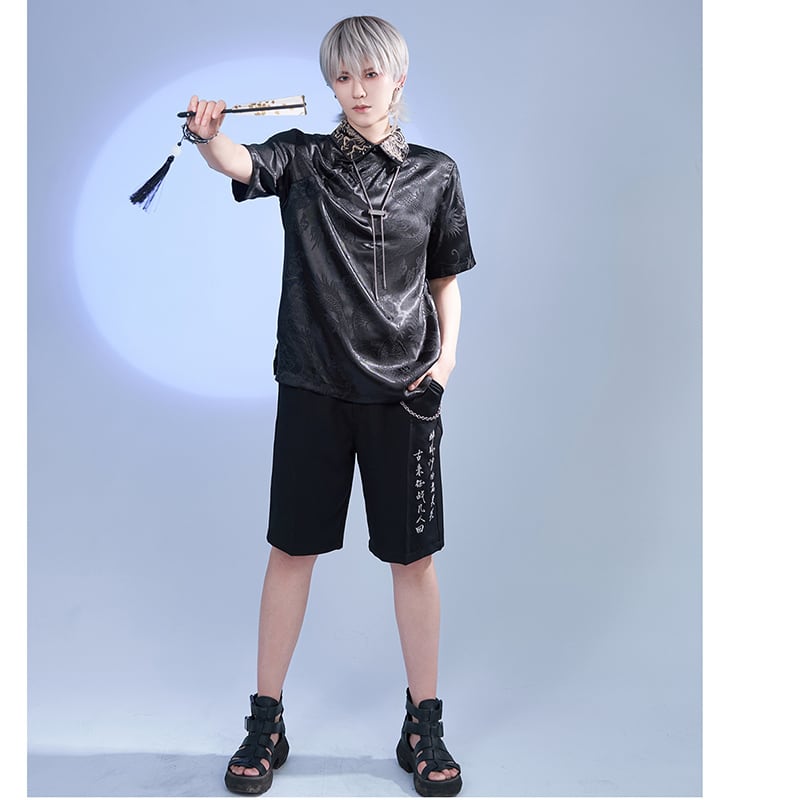 [Kyodo Series]★China style shirt★ Tops 2color Unisex Men's Dragon pattern Dragon pattern Black White