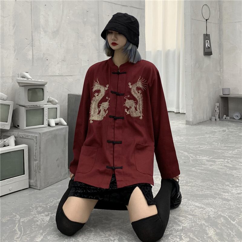 Chinese-style tops, outerwear, shirts, Chinese-style clothing, dragon, improved Tang costume, unisex, dragon pattern, Chinese clothing, Harajuku style, couple clothing, stand-up collar, long sleeves, black, red