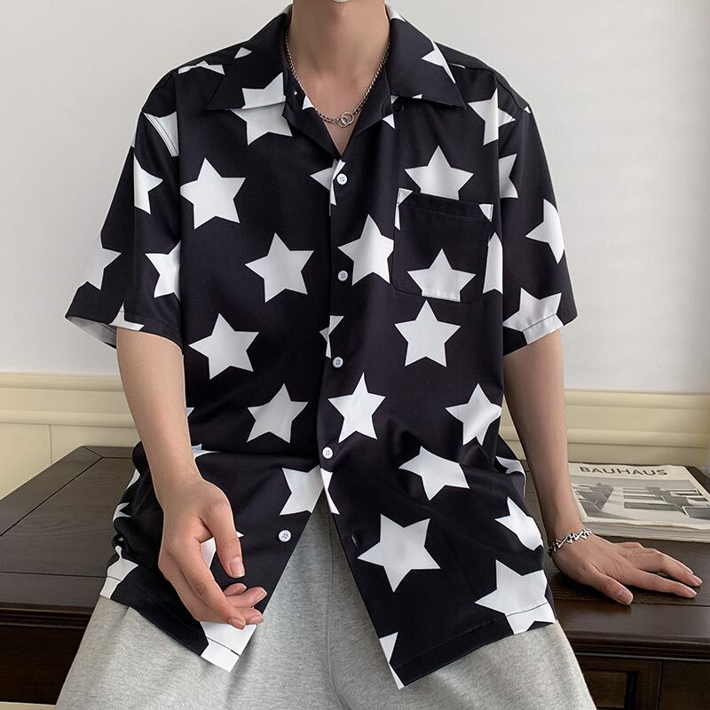 [Illustrated Series]★Shirt★ 2color Tops Star Print Fashion Unisex Men's Summer Clothes Cute Short Sleeve