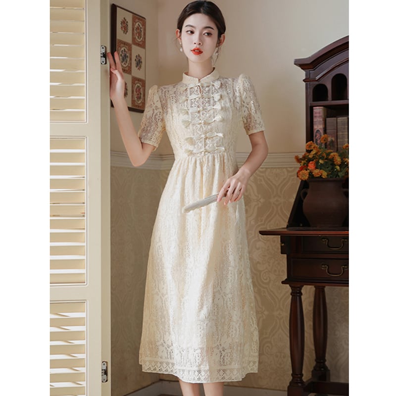 [BAIRIMENG Series]★China style dress★ Lace dress Improved Chinese dress Summer clothes Beige