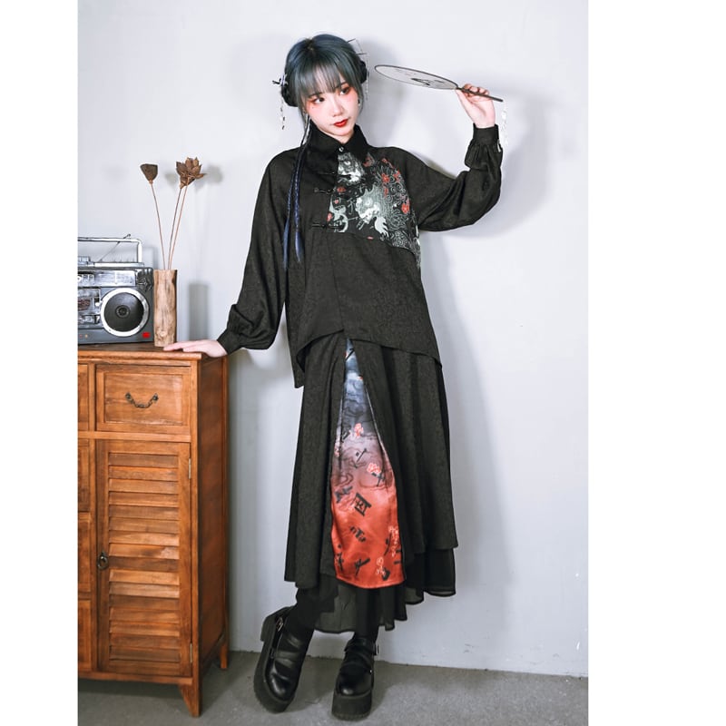 [Ancient monster house ---biting pattern series] ★China style shirt★ Switching print switching Black Black Harajuku style