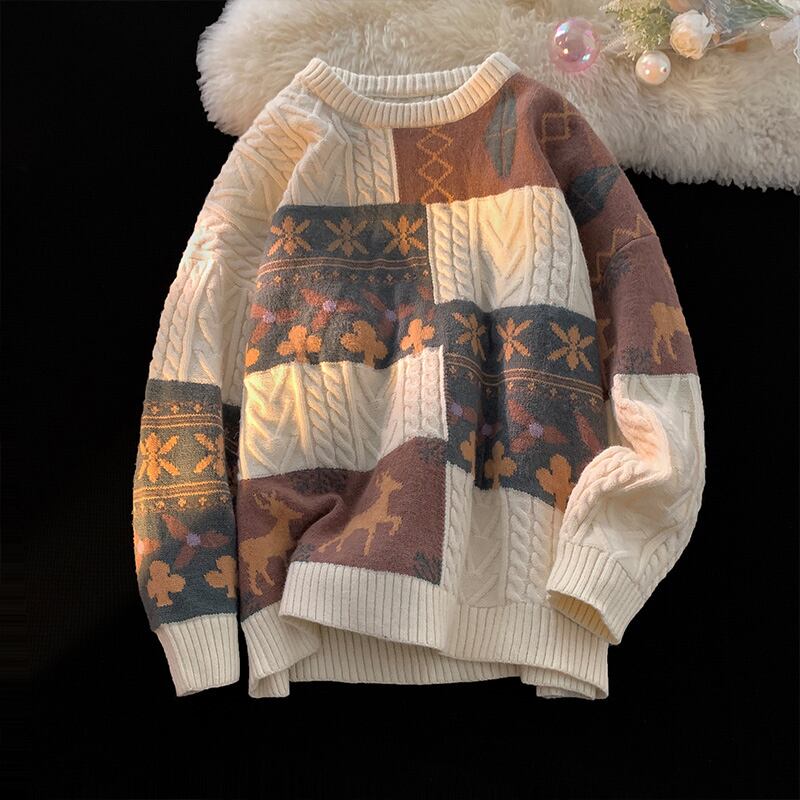 [Morimoto series] ★Sweater★ 3color tops, thick, warm, unisex, men's, floral pattern, retro, color scheme, easy to match