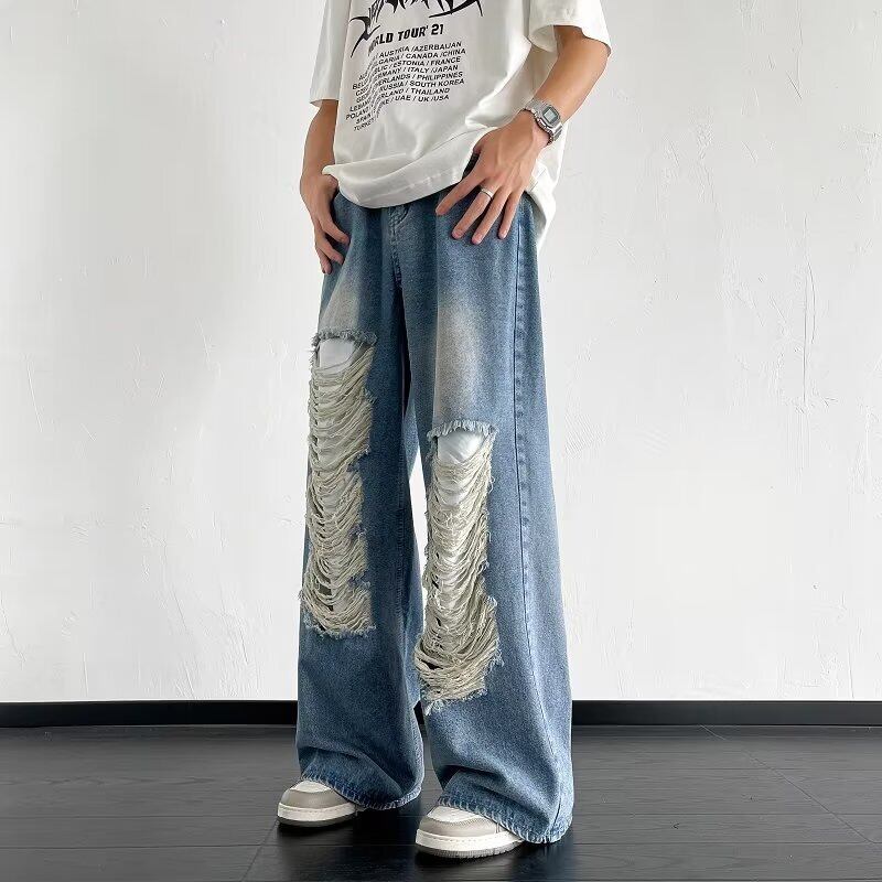 [Leonbinno Series]★Denim pants★ 2color bottoms pants unisex men's distressed fashion black blue