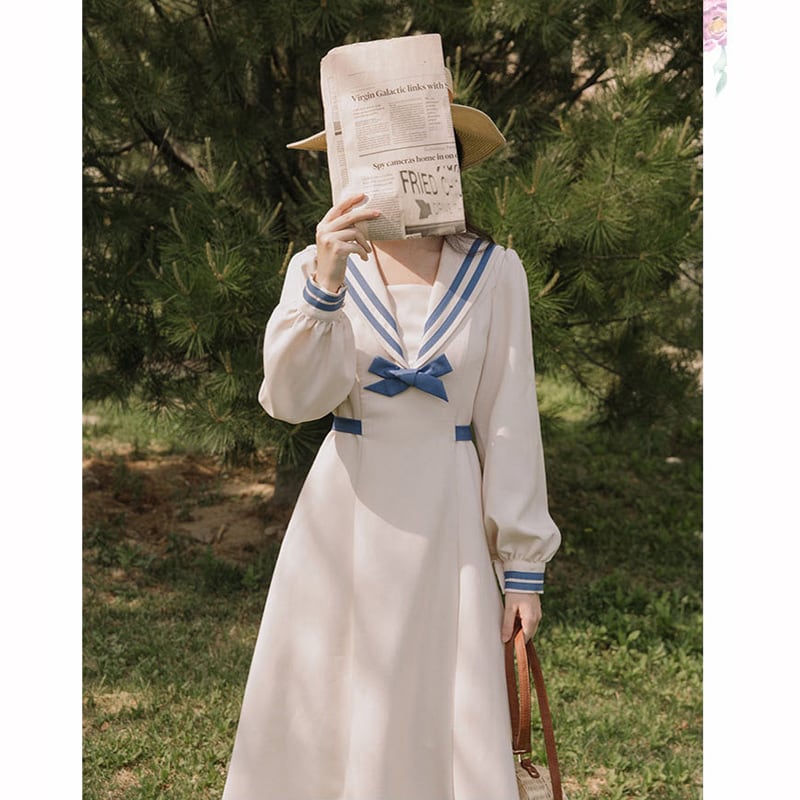 [Tatsuze Chenis Series] ★One Piece★ Sailor Uniform Beige Temperament Enhancement Women's Autumn Clothes SML Date