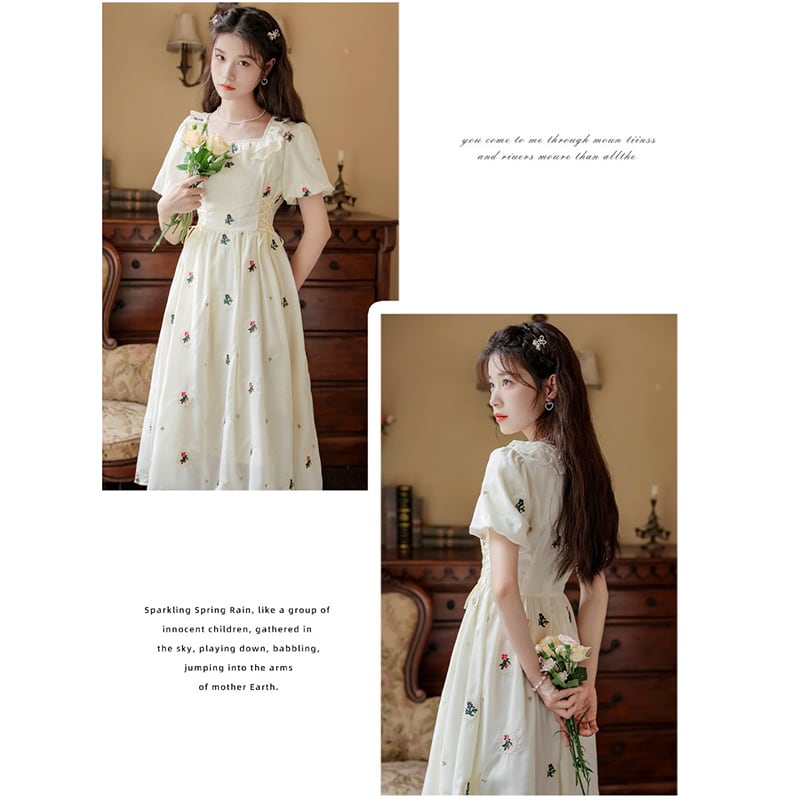 [Jinkyoku Series] ★One Piece★ Embroidered Dress, Short Sleeve, Cute, Ladies, Date, Designed, Improves Temperament, Stylish