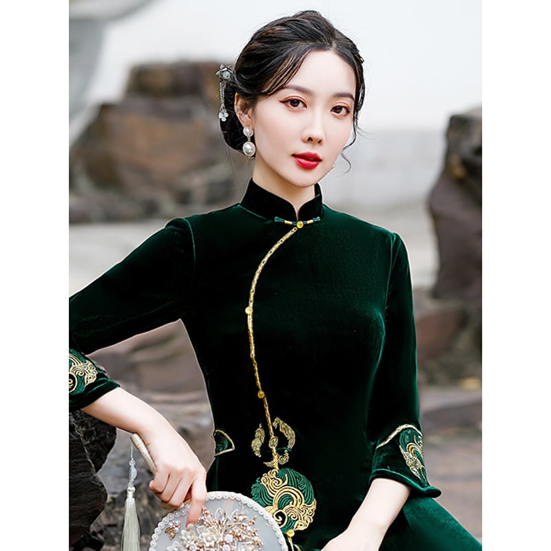 [ZHEZI series]★China dress★ 3color velvet embroidery large size long length green blue red