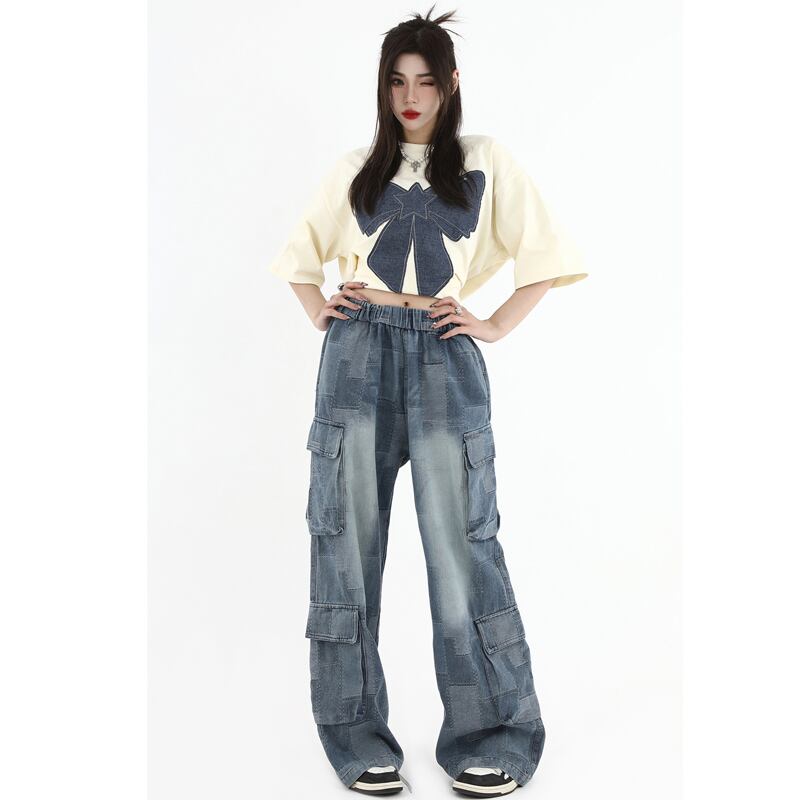 [Studios Series]★Denim Pants★ Bottoms Unisex Men's Trousers Plaid Pattern Elastic Waist Retro