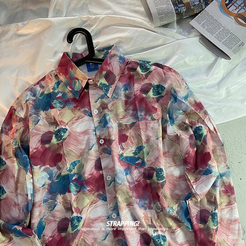 [STRAPPING Series]★Shirt★ Tops Print Casual Unisex Men's Spring Clothes Autumn Clothes Thin Chiffon Oil Painting Style