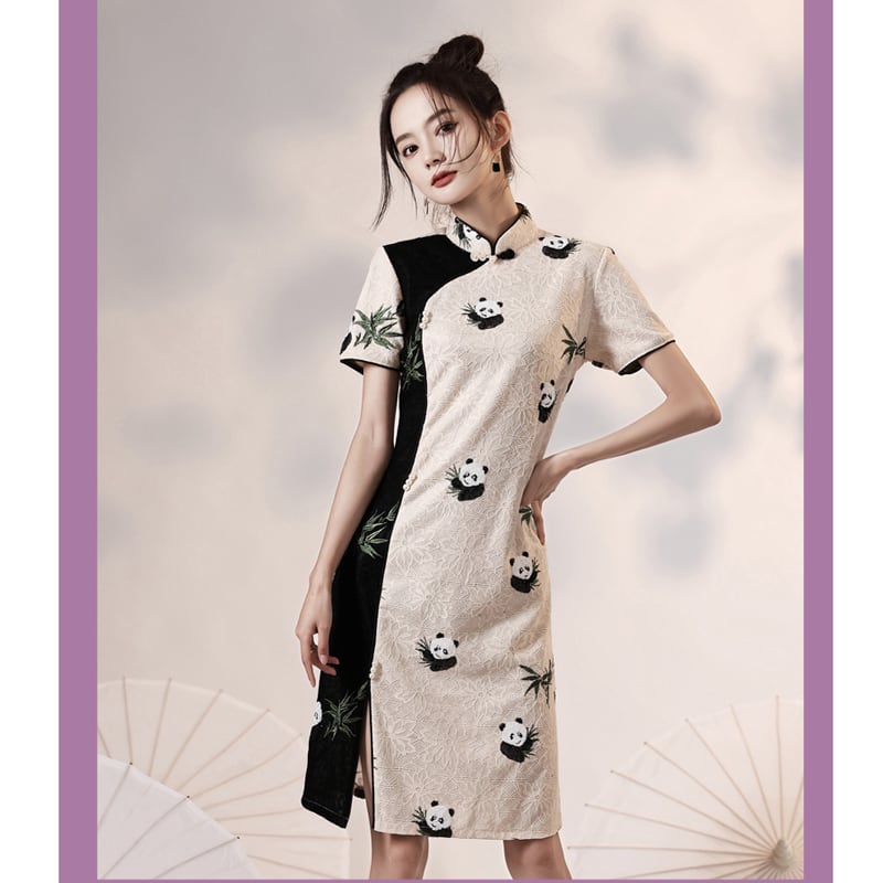 [Yukaku series] ★Cheongsam dress★ China dress Lace Improves temperament Panda Color scheme Beige