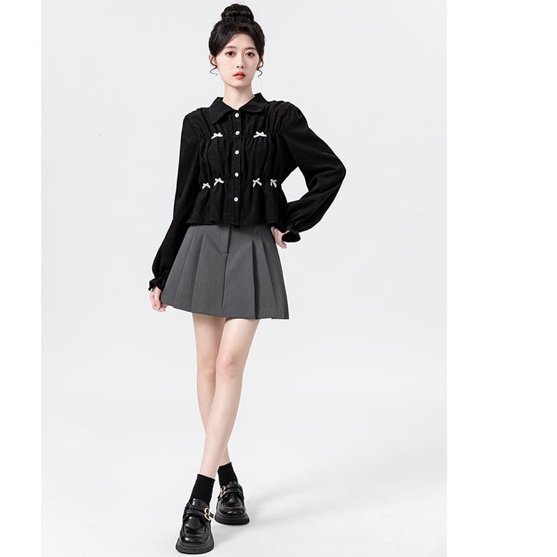 [WEIWU Series]★Shirt★ Tops Ladies Short Length Corduroy Black Cute Stylish