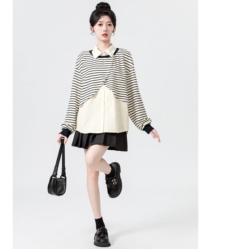 [WEIWU Series] ★Tops★ Fake layered horizontal stripes striped pattern POLO neck fashion SML