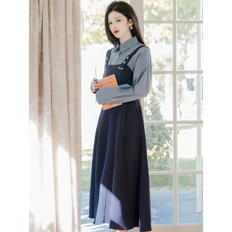 [Rinroki Series]★Setup★ 2-piece set Hanging dress + shirt Women's Blue Blue Commuting Date