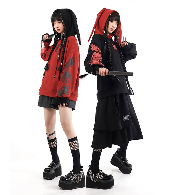 [Ancient Monster --- Rabbit Series] ★China style hoodie★ 2color Regular type or brushed lining type Tops Cute Original Black Red Rabbit ears