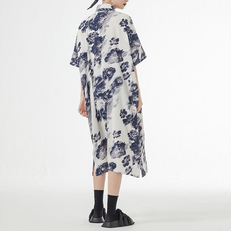 [YIDAO Series]★Shirt dress★ 2color long shirt print retro floral pattern loose casual summer clothes