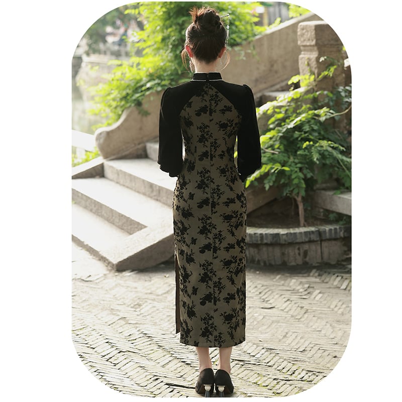 [RUYUN Series] ★Cheongsam Dress★ 2color Switching Velvet Temperament Enhancement Floral Pattern Chinese Style Dress