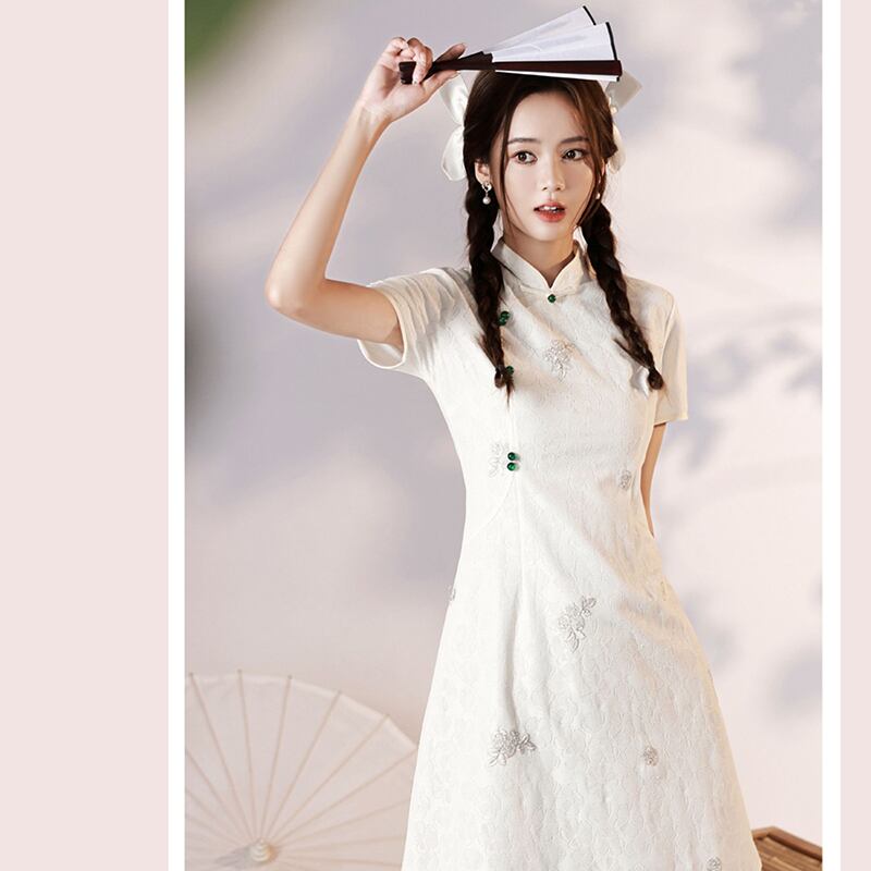 [YUEQIAO series]★Cheongsam dress★Short length Chinese style dress White White Cute Slimming look