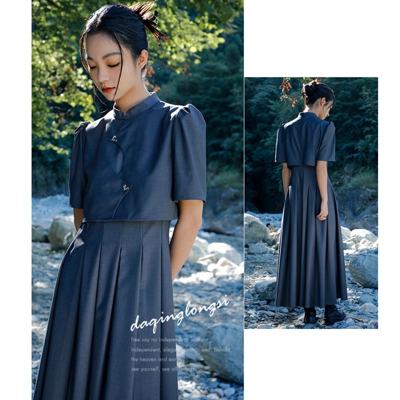 [Big Blue Dragon Series] ★China style dress★ Faux layered stand neck gray gray slimming wear