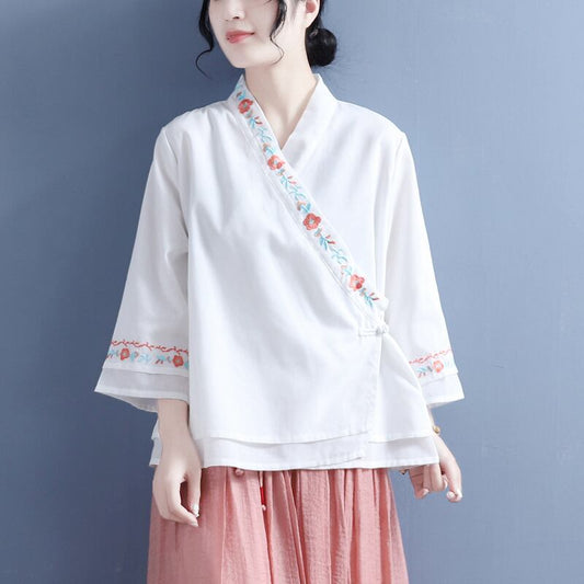 [Qing Series]★China style shirt★ Tops 5 colors White Pink Blue Purple Blue Green V-neck Embroidery Three-quarter sleeves