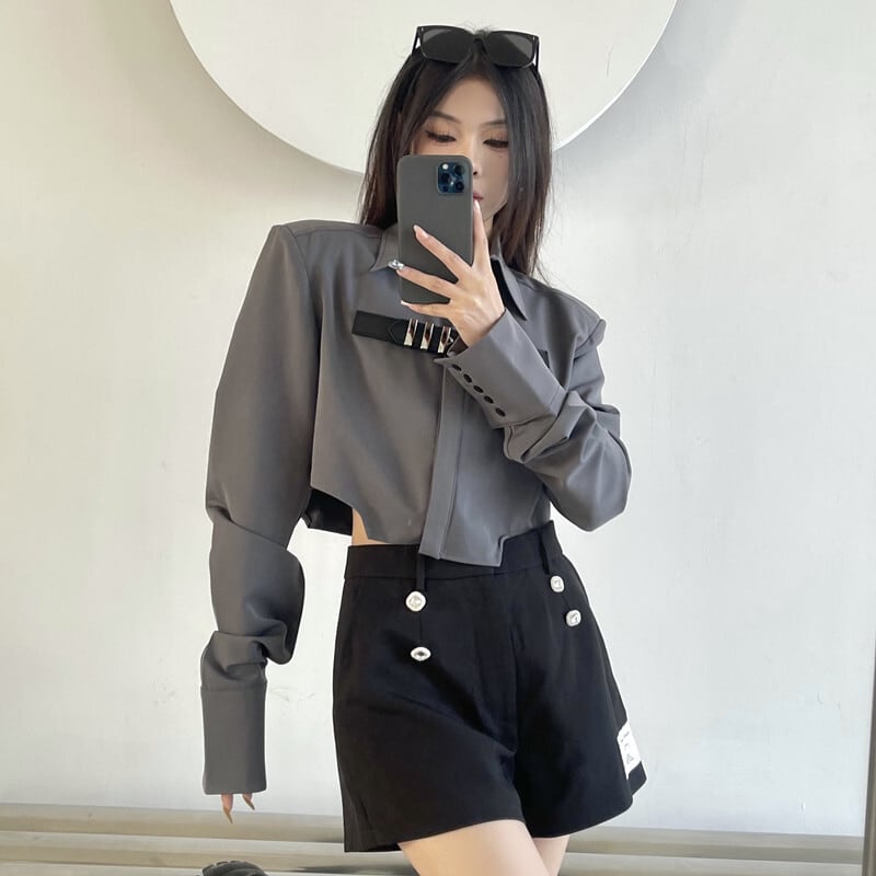 [Style Series]★Shirt★ Tops Short Length Long Sleeve Gray Gray Women's Unique Slimming Fashionable SM