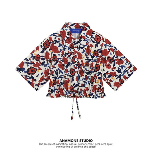 [ANAMONE STUDIO Series] ★Floral Pattern Shirt★ Tops Short Sleeve Print Retro SML Short Length Red Red