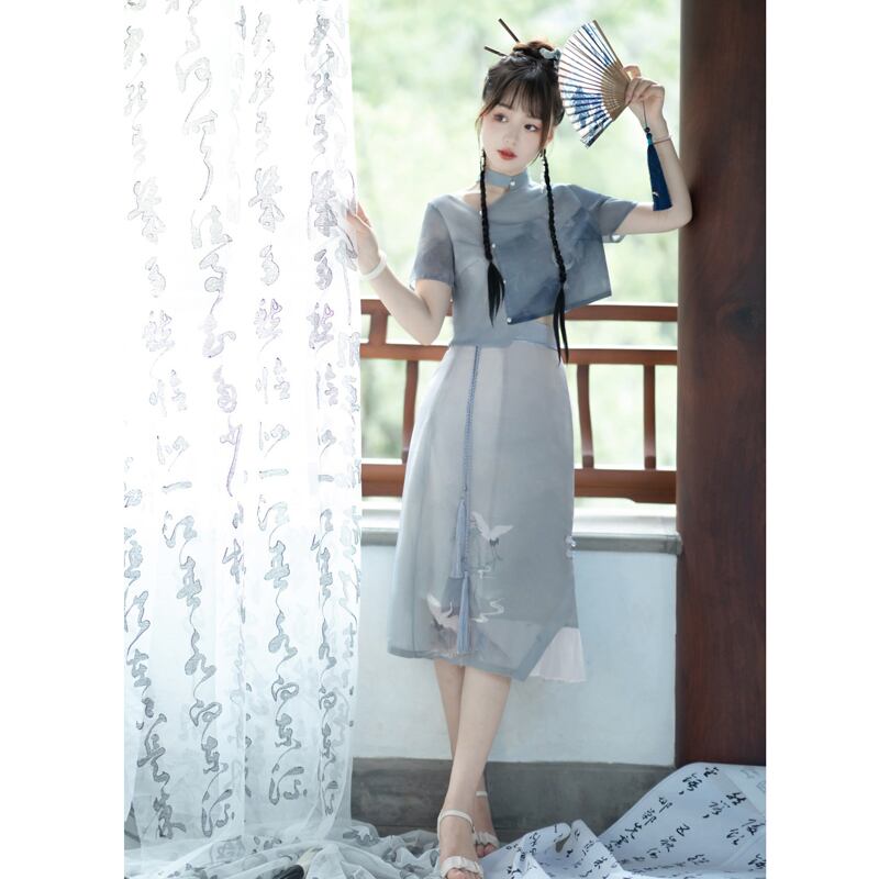 [Dust Smoke Cloud Dream---White Crane Visit Series] ★Chinese style skirt★ Chinese clothes, improved Han clothes, Han clothes skirt, crane, ink pattern