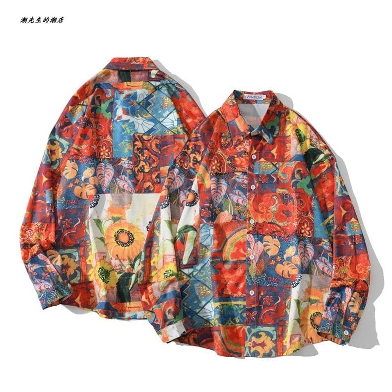 [BCBGH Series]★Shirt★ Floral Pattern Shirt Oil Painting Style Tops Print SML XL 2XL Unisex Men's Unique