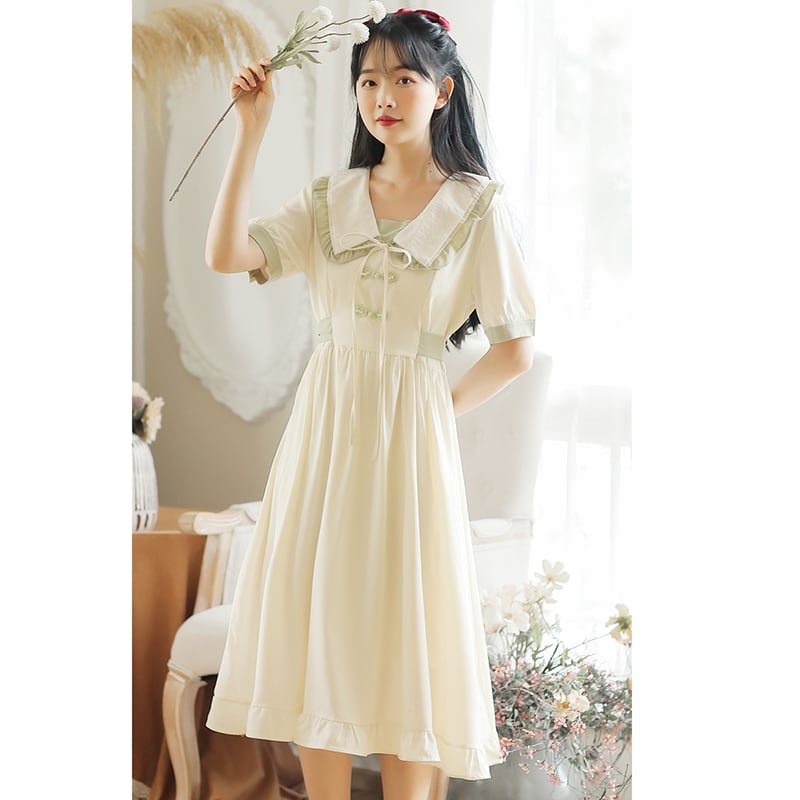 [Large Orange Series] ★China-style dress★ Improved cheongsam dress, summer clothes, cheongsam button, improves temperament, beige