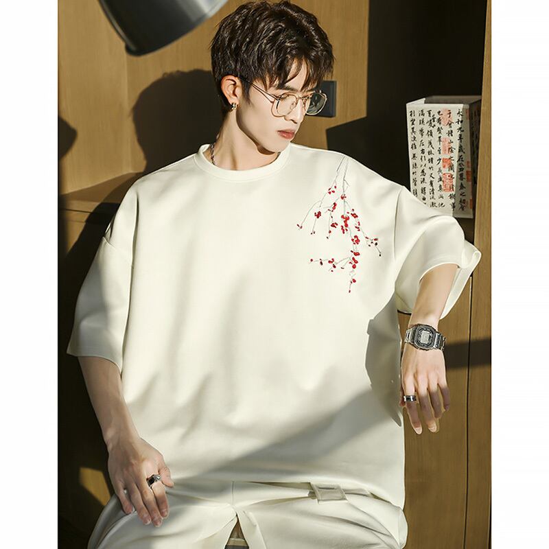 [MANYSTON Series]★China style T-shirt★ Tops 2color Unisex Men's Short Sleeve Plum Embroidery Casual